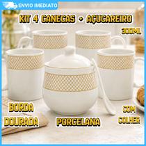 Kit Café Da Manhã 4 Canecas Açucareiro Com Colher Branco Com Borda Dourada Luxo Mesa Posta Regalis Kit Café Da Manhã 4 Canecas Açucareiro Com Colher Branco Com Borda Dourada Luxo Mesa Posta Regalis
