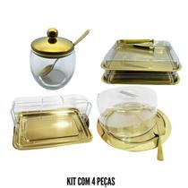 Kit Café da Manhã 4 Peças Porta Frio + Porta Pão + Porta Bolo + Açucareiro Dourado Fineza