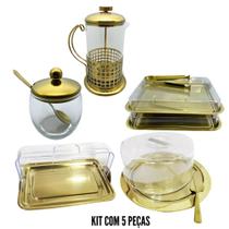 Kit Café da Manhã 5 Peças Porta Frio + Porta Pão + Porta Bolo + Açucareiro + Cafeteira Dourado Fineza Kit Café da Manhã 5 Peças Porta Frio + Porta Pão + Porta Bolo + Açucareiro + Cafeteira Dourado Fineza