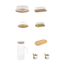 Kit Café da Manhã Bambu - 8 Itens Boleira + Manteigueira+Jarra+Queijeira+Porta Frios+2 Potes+Bandeja