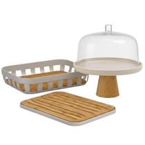 Kit Café da Manhã Boleira Cúpula Bandeja Tábua Migalheira Bambu Lume Bege Ou