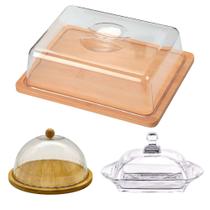 Kit Café Da Manhã Boleira Retangular + Queijeira 18cm + Manteigueira De Vidro Versátil Cozinha