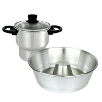 Kit Café da Tarde Jogo Com Assadeira Forma Redonda com Furo no Meio N20 e Cuscuzeira N14 em Alumínio Polido Kit Café da Tarde Jogo Com Assadeira Forma Redonda com Furo no Meio N20 e Cuscuzeira N14 em Alumínio Polido