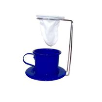 Kit Café Gourmet Xícara Pires Esmaltada Azul e Mini Coador e Suporte