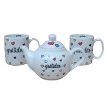 Kit Café Gratidão Porcelana - Bule chaleira 500ml + 2 Canecas 300ml