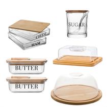 Kit Cafe Manha 6pç Porta Frios, Mantegueira, Prato para Bolo e Porta Patê Madeira
