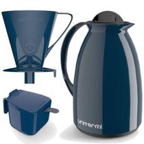 Kit café prático Hercules 1 garrafa termica 650ml, 1 suporte para café e 1 açucareiro azul