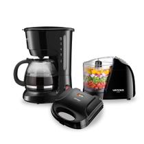 Kit Cafeteira Elétrica 18 Xícaras PCA018 com Sanduicheira Grill PSD121 e Mini Processador PMP431 Lenoxx Preta 127V