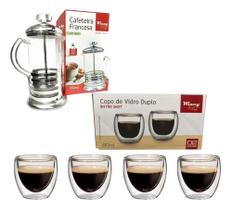 Kit Cafeteira Francesa + 4 Copo Vidro Duplo Para Café 80ml