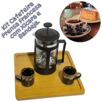 Kit Cafeteira Prensa Francesa 300ml ou 600ml com 2 Xícaras Porcelana + Bandeja Madeira 25x25