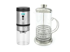 Kit Cafeteira Prensa Francesa de Vidro 350ML e Moedor de Grãos de Café Elétrico Carregamento USB Kit Cafeteira Prensa Francesa de Vidro 350ML e Moedor de Grãos de Café Elétrico Carregamento USB