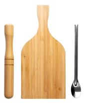 Kit Caipirinha 3pcs Bambu c/ Tábua, Socador e Colher Inox