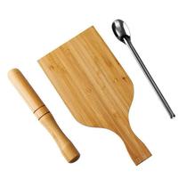 Kit Caipirinha Com Tábua e Socador de Bambu E Colher Inox