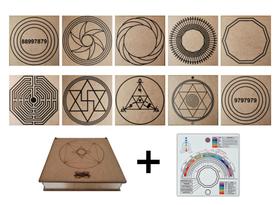 Kit Caixa + 10 Gráficos Radiestesia MDF Cru 20x20cm 3mm + Relógio Prancha Francesa -