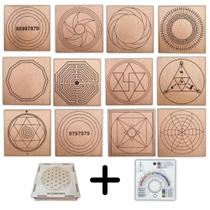 kit caixa + 12 principais gráficos radiônicos em mdf crú 20x20cm + relógio com prancha francesa