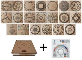 Kit Caixa + 20 Gráficos Radiestesia MDF Cru 20x20cm 3mm + Relógio Prancha Francesa -