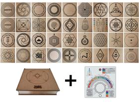 Kit Caixa + 36 Gráficos Radiestesia MDF Cru 20x20cm 3mm + Relógio Prancha Francesa -