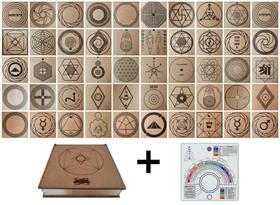 Kit Caixa + 50 Gráficos Radiestesia MDF Cru 20x20cm 3mm + Relógio Prancha Francesa -