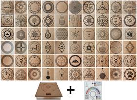 Kit Caixa + 60 Gráficos Radiestesia MDF Cru 20x20cm 3mm + Relógio Prancha Francesa -