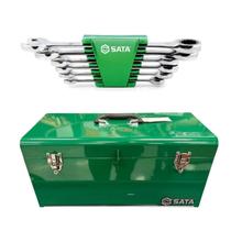 Kit Caixa de Ferramentas Metálica Baú 51x22x24cm SATA ST95103ASC + Jogo Chave Combinada Catraca Speedy 8-19mm 6 Peças Sata ST09033G