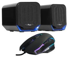 Kit Caixa de Som 12W RMS Led Azul e Mouse Ergonomico 6 Botões 4800 Dpi Led RGB Combo Gamer Knup