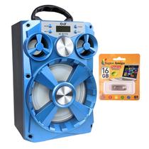 Kit Caixa de Som 15W Potente Portátil Sem Fio Usb Micro Sd Aux Fm Azul e Pendrive Usb 2.0 16GB Para Musicas