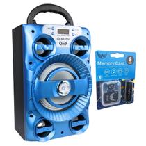 Kit Caixa de Som Potente 20w Portátil Azul Bluetooth Usb Micro Sd Aux Fm e Cartão de Memória 8Gb Para Musicas