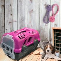 Kit Caixa de Transporte para Pet Rosa e Preto + Bola Mordedora de Corda para Cachorro Gato