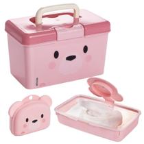 Kit caixa organizadora com alça, porta lenços umedecidos e saboneteira ursa Plasutil