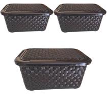 Kit Caixa Organizadora Com Tampa Preta 2 Unidades 4 Litros E 1 Unidade 7,8 Litros Multiuso Rattan LigBrin