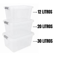 Kit caixa organizadora grande transparente com tampa e travas 30 litros