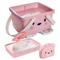 Kit caixa porta fraldas com alça, porta lenço umedecido e saboneteira ursa Plasutil