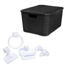 Kit Caixa Rattan 20L + Acessório Banheiro 5 Pç Caribe Branco - Arqplast