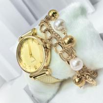 Kit caixa relógio dourado fino redondo grosso e pulseira feminina modelo elegante