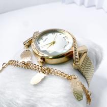 Kit caixa relógio dourado fino redondo trançado strass e pulseira feminina detalhado