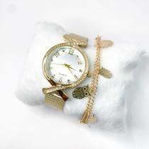 Kit caixa relógio dourado fino redondo trançado strass e pulseira feminina elegante