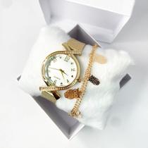 Kit caixa relógio dourado fino redondo trançado strass e pulseira feminina moderna