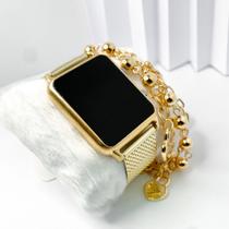 Kit caixa relógio dourado metal led digital quadrado e pulseira feminina básico