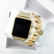 Kit caixa relógio dourado metal led digital quadrado e pulseira feminina estilosa exclusivo