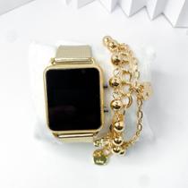 Kit caixa relógio dourado metal led digital quadrado e pulseira feminina estilosa