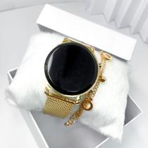 Kit caixa relógio dourado metal led digital redondo e pulseira feminina elegante