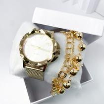 Kit caixa relógio dourado redondo hexagonal metal e pulseira feminina básico - Filó Modas