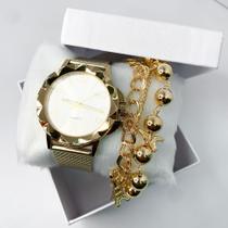 Kit caixa relógio dourado redondo hexagonal metal e pulseira feminina elegante