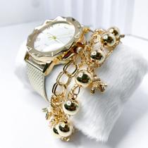 Kit caixa relógio dourado redondo metal e pulseira novidade feminina