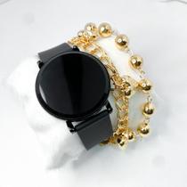 Kit caixa relógio preto silicone led digital e pulseira feminina elegante