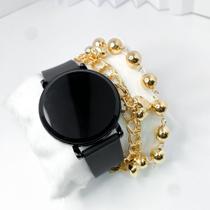 Kit caixa relógio preto silicone led digital redondo e pulseira feminina alta moda