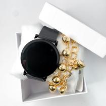 Kit caixa relógio preto silicone led digital redondo e pulseira feminina fashion