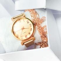Kit caixa relógio rosê Gold fino redondo grosso e pulseira feminina elegante