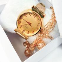 Kit caixa relógio rosê Gold fino redondo grosso e pulseira feminina modelo elegante - Filó Modas
