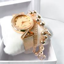 Kit caixa relógio rose Gold fino redondo x strass e pulseira feminina clássico